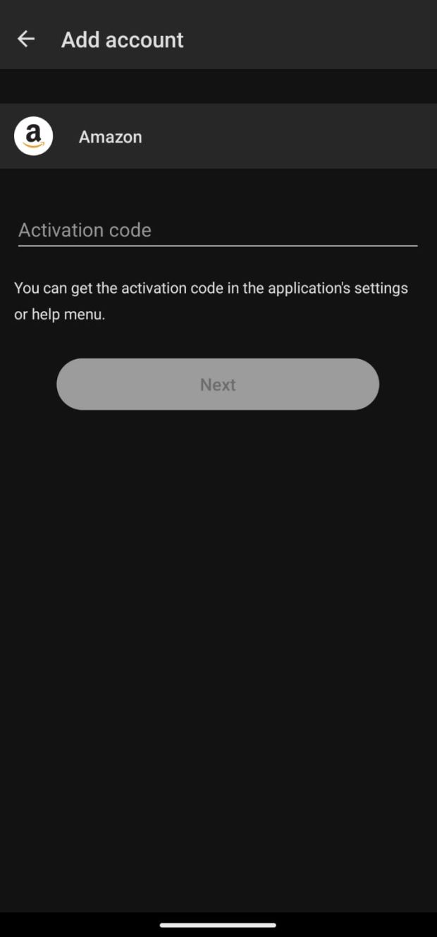 Duo activation-code screen for Amazon with an empty code field, a line saying the code is in the application's settings or help menu, and a disabled Next button, with original green annotations
