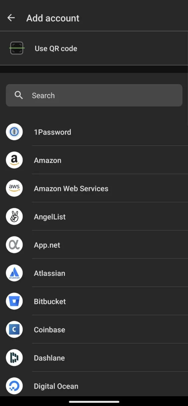 Duo Mobile's Add account screen as tested: a QR code option above a searchable list of services