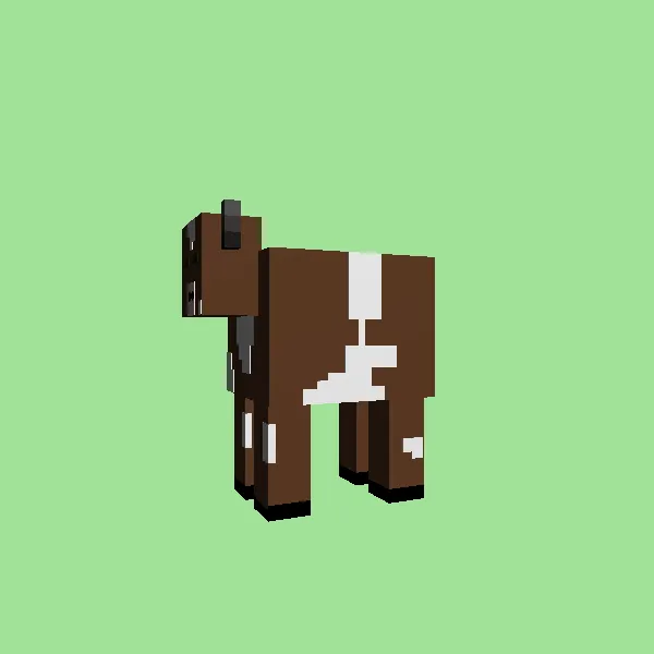 A blocky brown and white cow built from 3D boxes on a green background