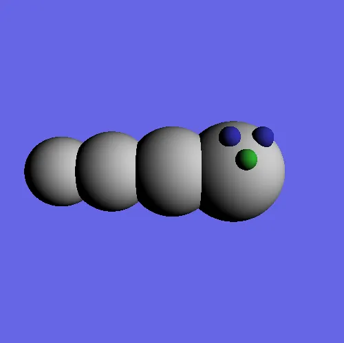 Two ray-traced spheres, red and green, on a blue background