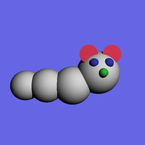 A ray-traced worm of overlapping spheres with eyes