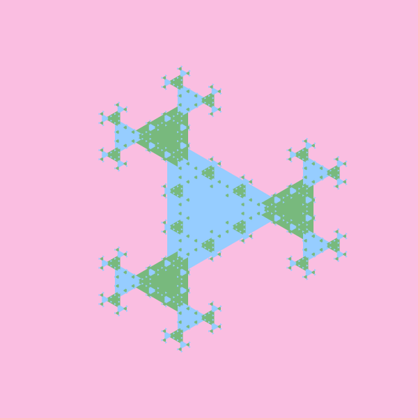 Recursive triangle fractal in blue and green on pink, which changes as the mouse moves