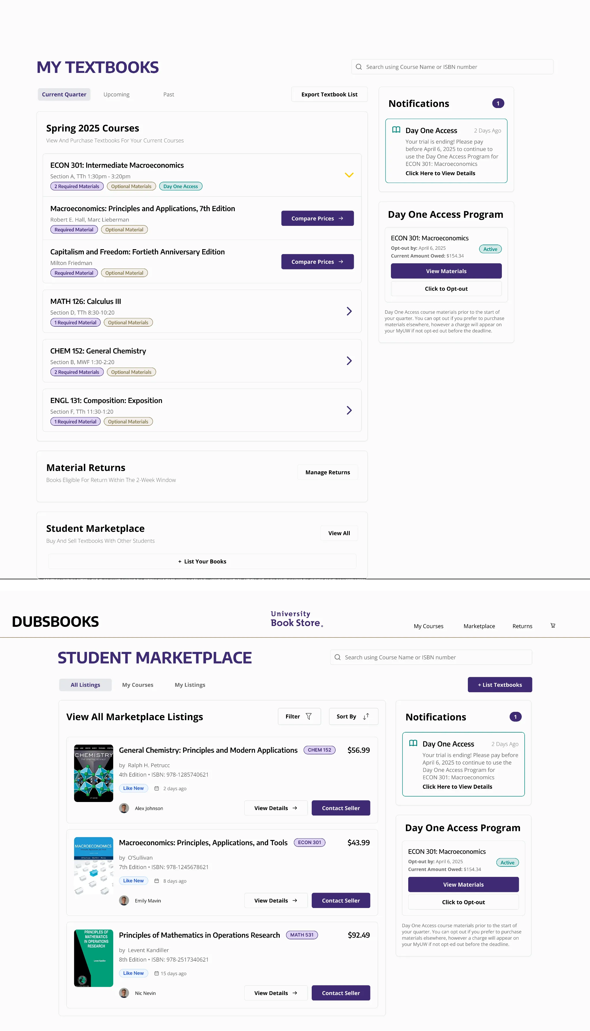 Final DubsBooks design showing homepage with course dropdowns and Day One Access panel, bookstore and external purchase options, and redesigned marketplace listings with book covers and seller details