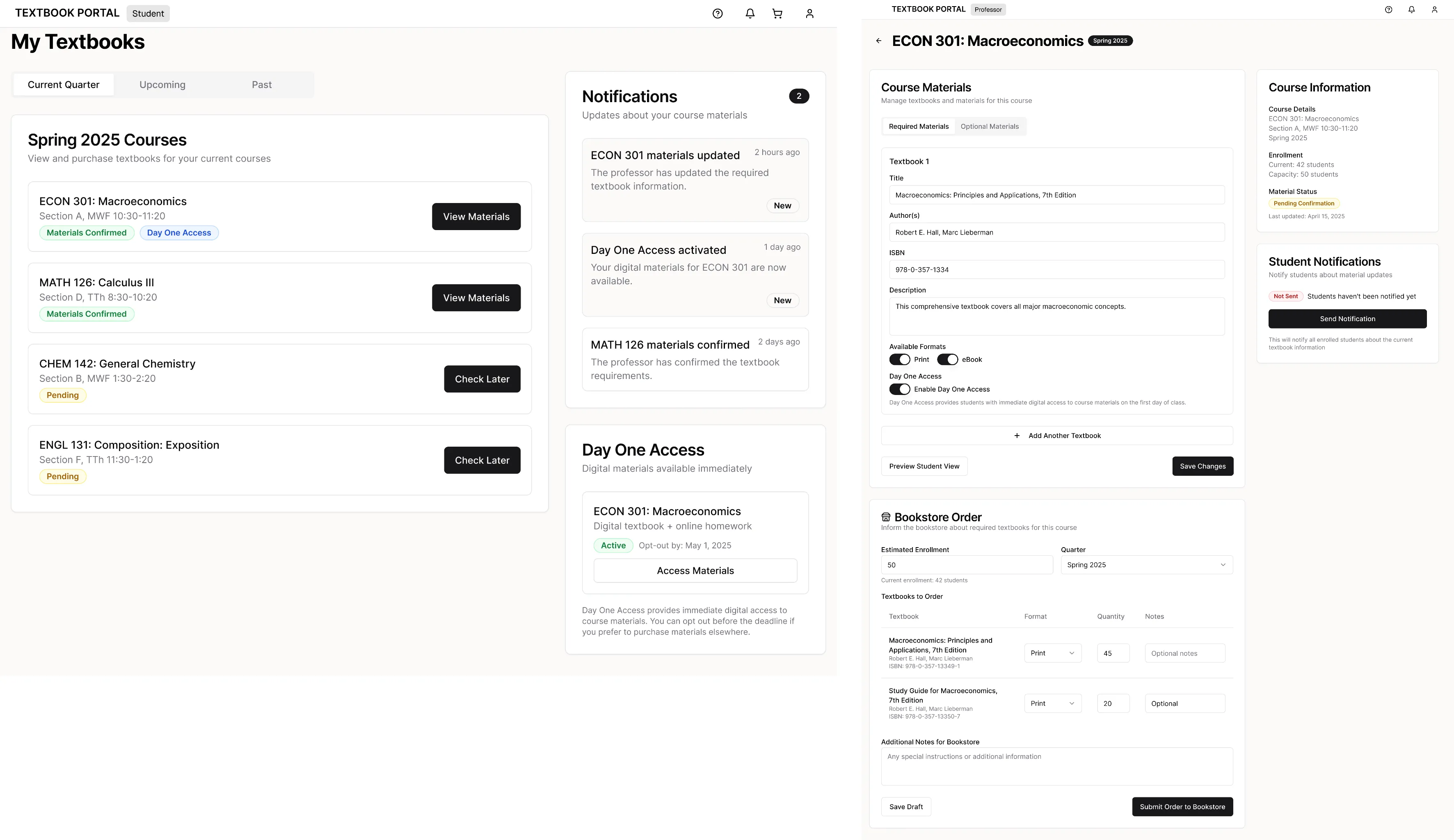 Low-fidelity wireframes showing the student portal with course list and notifications on the left, and the professor portal with course-materials management on the right