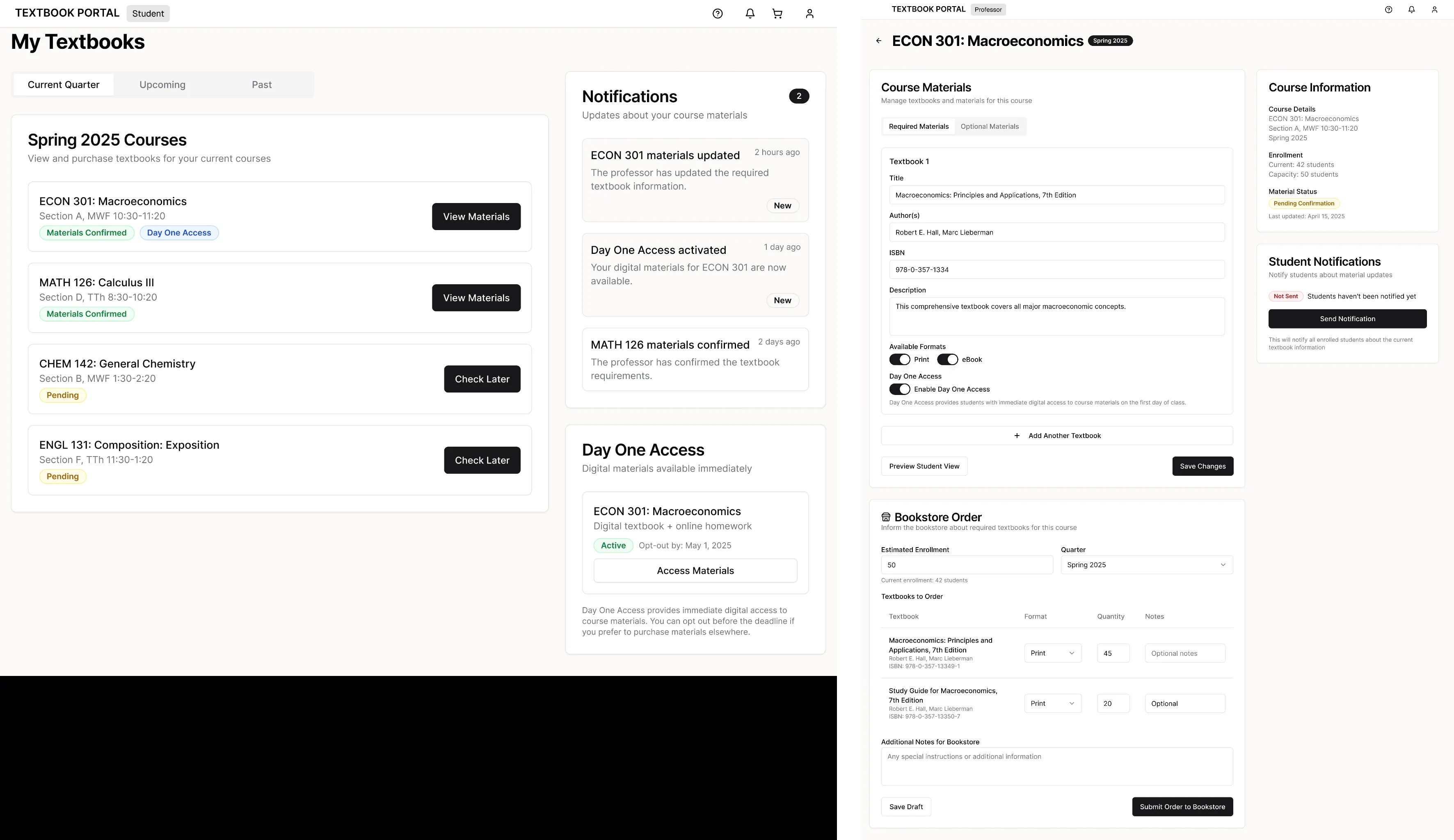 Low-fidelity wireframes showing the student portal with course list and notifications on the left, and the professor portal with course materials management on the right
