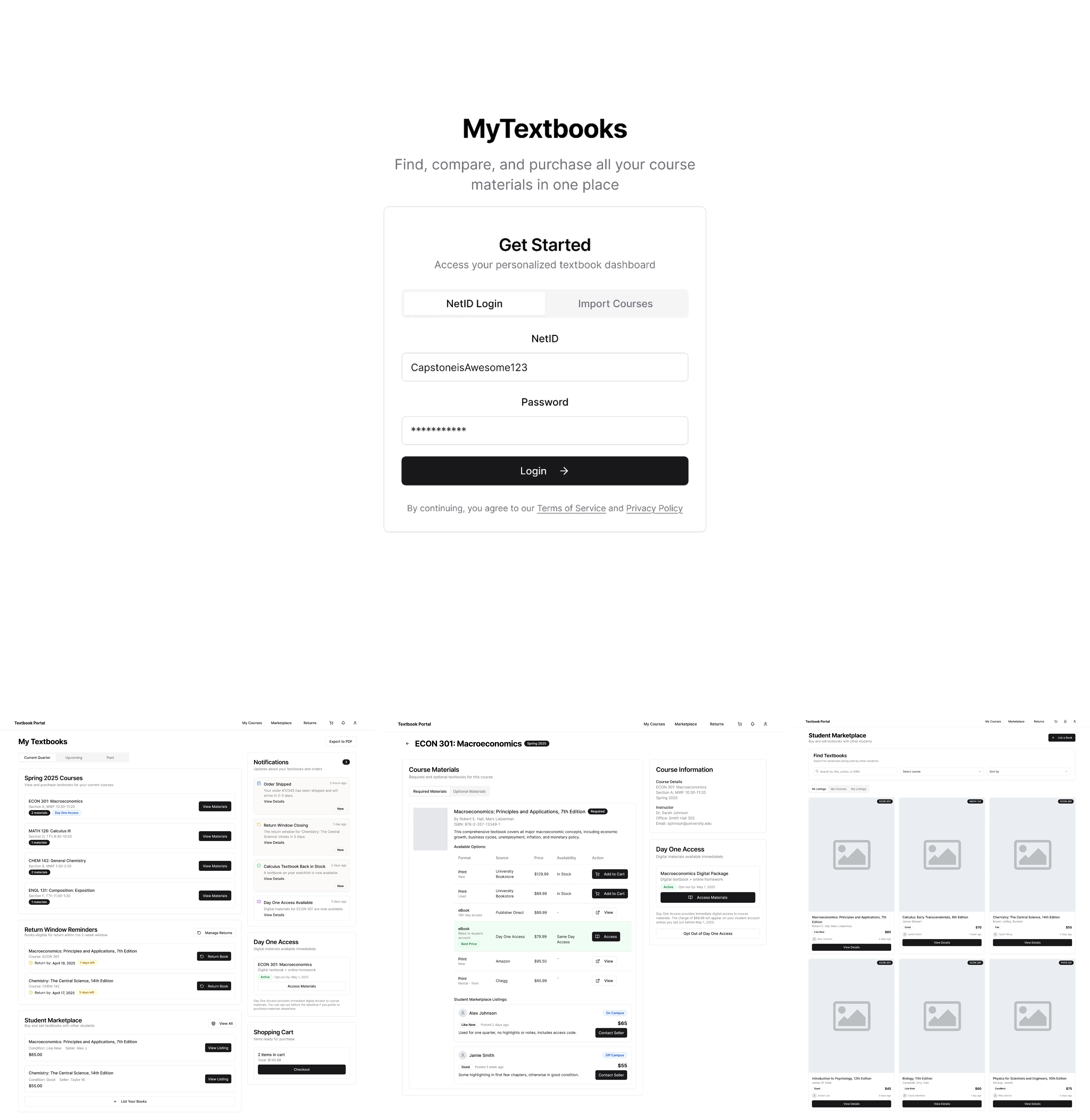 Mid-fidelity prototype showing four screens: login with NetID, homepage with course list and return reminders, textbook details with pricing options, and student marketplace listings