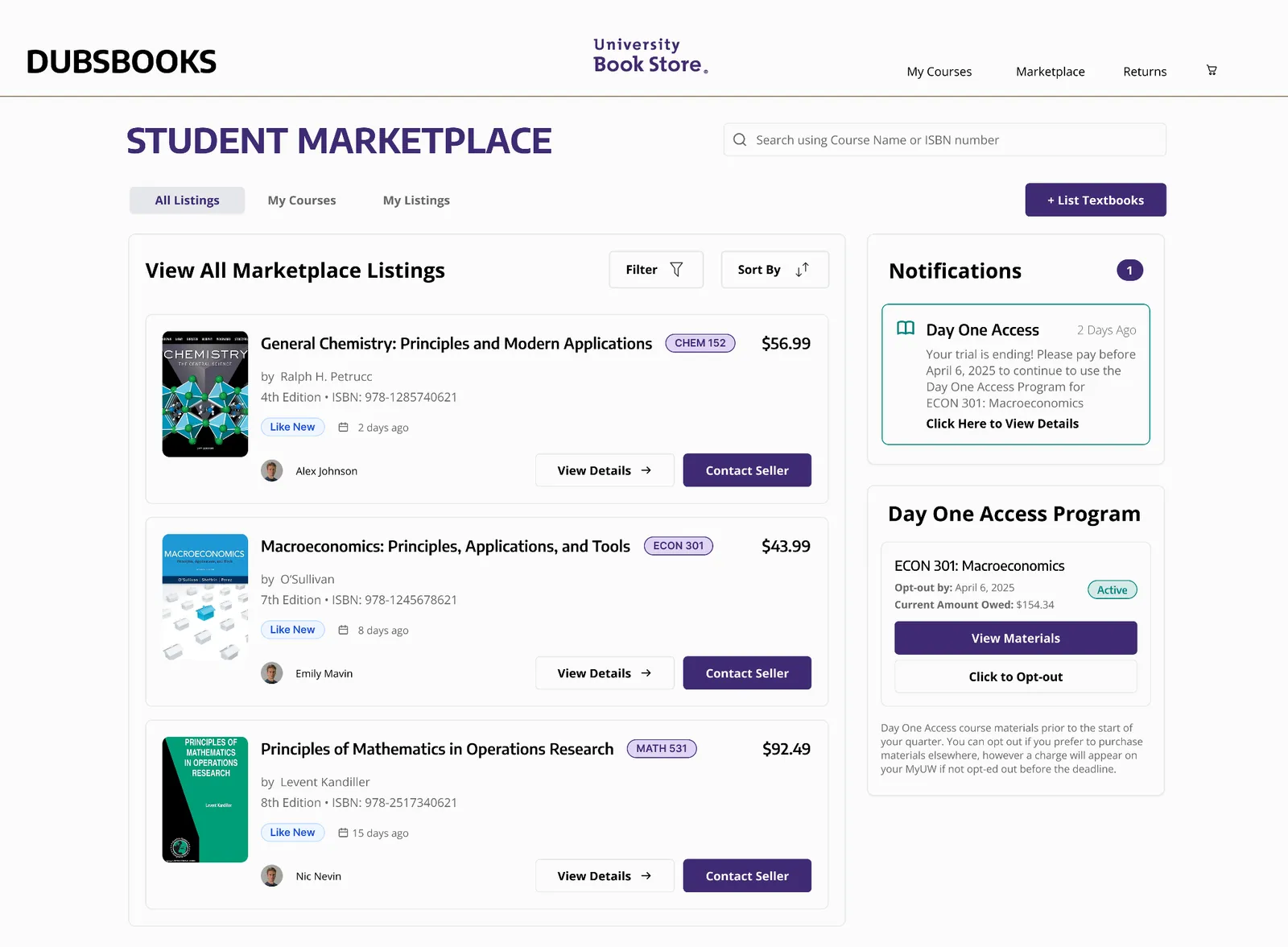 DubsBooks portal prototype, Student Marketplace: listings of used textbooks with prices and sellers