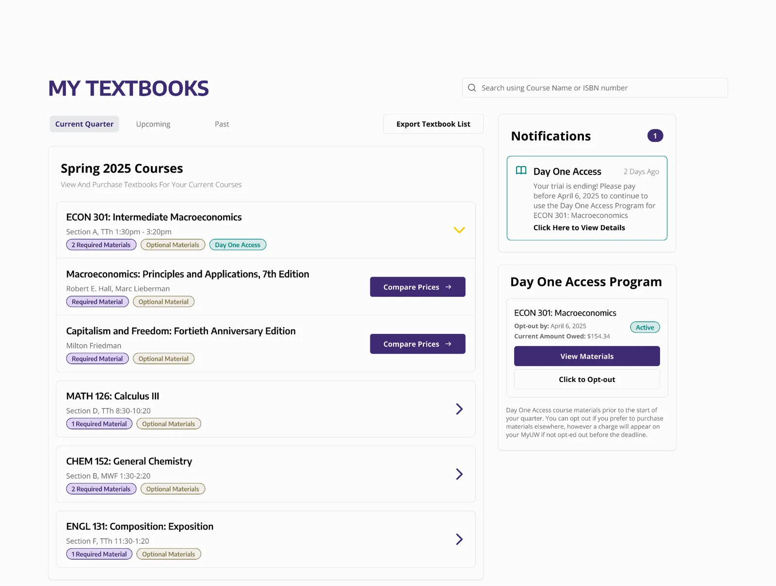 DubsBooks portal prototype, My Textbooks: spring courses with required materials and Compare Prices buttons