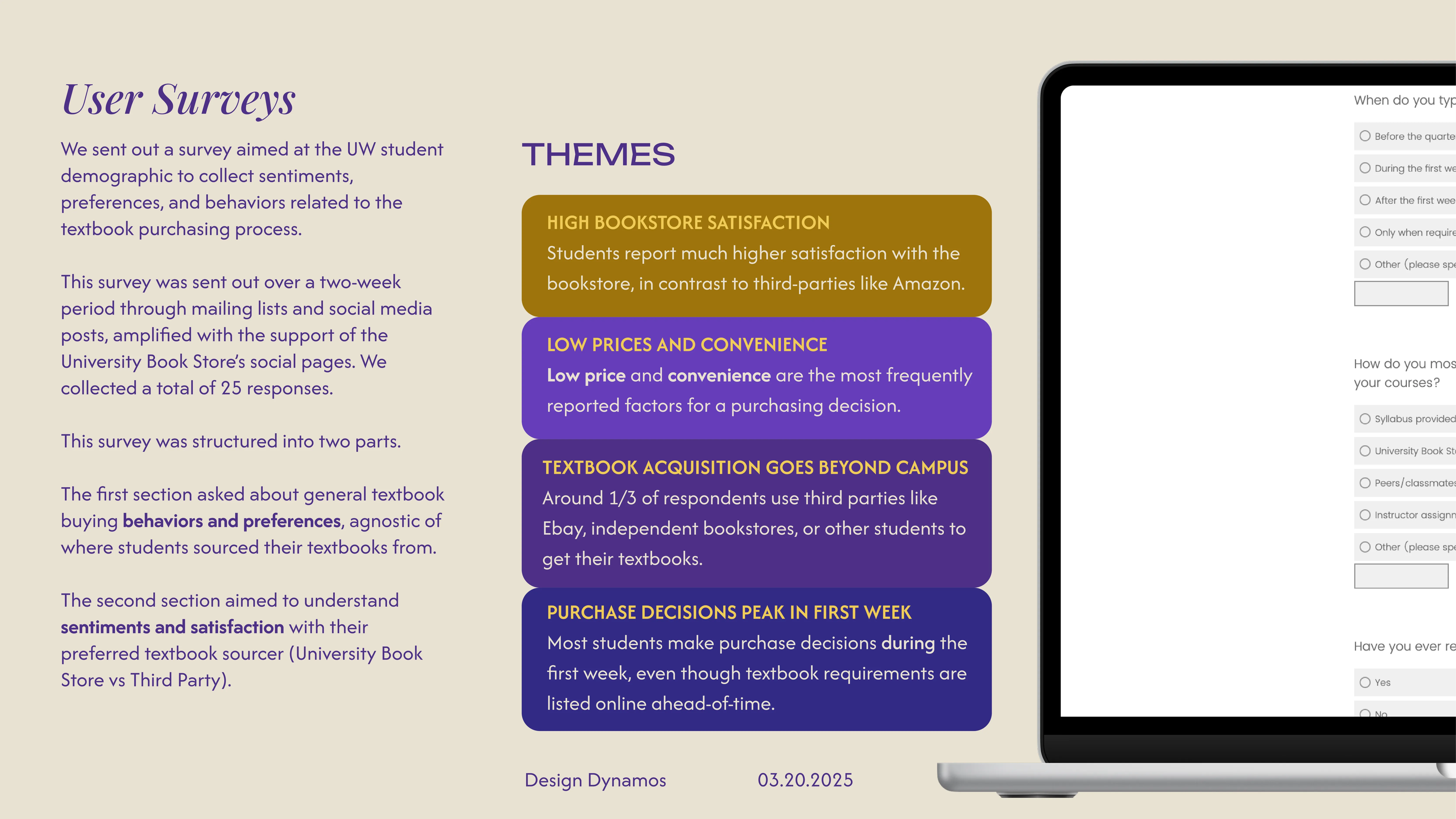 Survey findings showing four key themes: high bookstore satisfaction, low prices and convenience as top factors, textbook acquisition extending beyond campus, and purchase decisions peaking in the first week