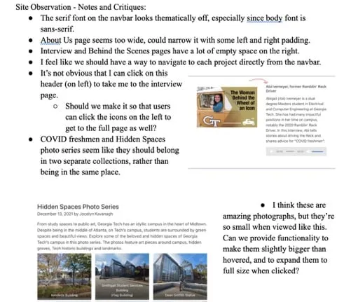 My site evaluation notes: critiques of the navigation bar font, page widths, empty space, and how photo collections were grouped, beside a screenshot of the site
