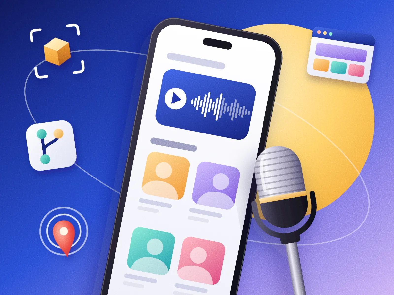 Drawing: a phone playing an audio recording above a grid of portrait tiles, with a studio microphone in front and a viewfinder cube, a merged branch, a map pin with sound rings, and a browser window around it
