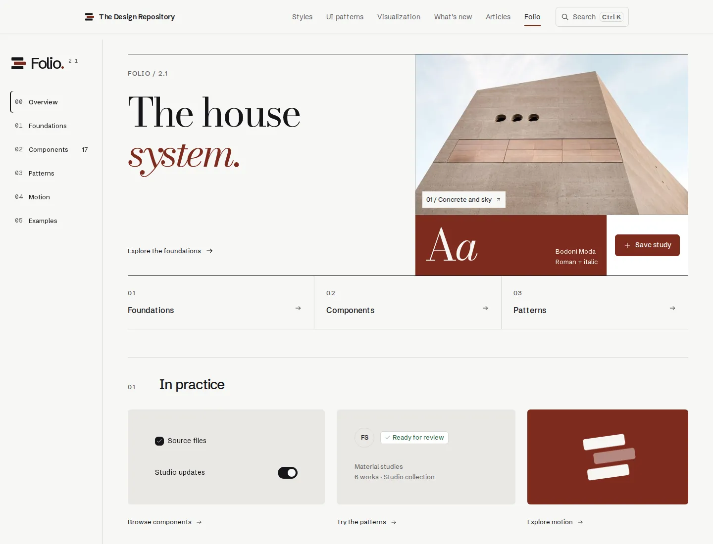 Folio 2.1 guide: numbered sections, the headline The house system, a concrete building photograph, and a Bodoni specimen on oxblood.
