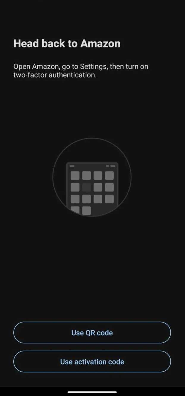 Duo's instructions to head back to Amazon and turn on two-factor authentication, with QR code and activation code buttons