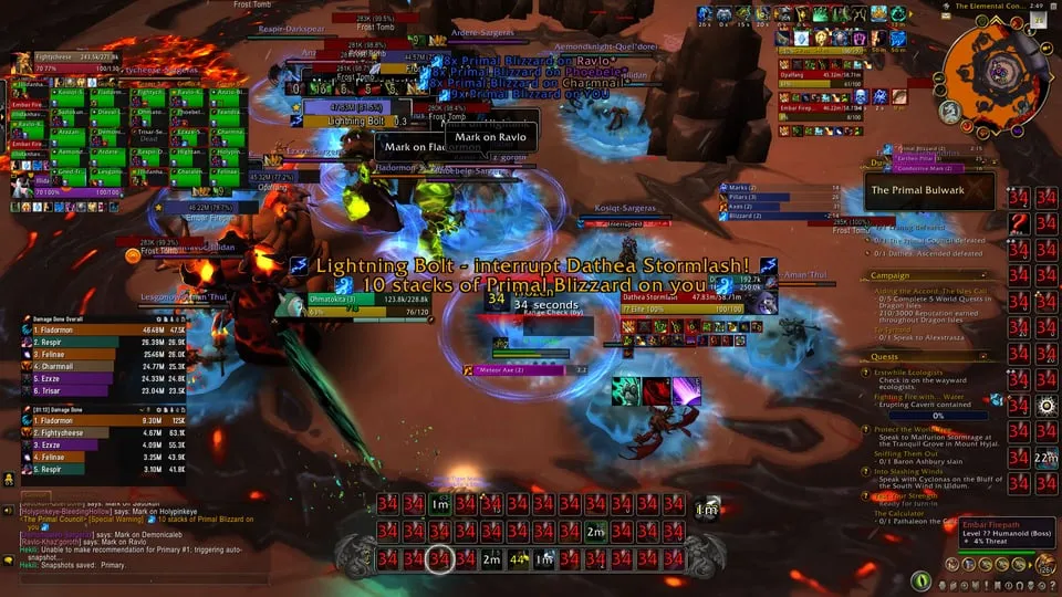A World of Warcraft raid screen covered in add-on interfaces: party health grids, damage meters, cooldown bars, boss timers, and overlapping warning text over the game world.