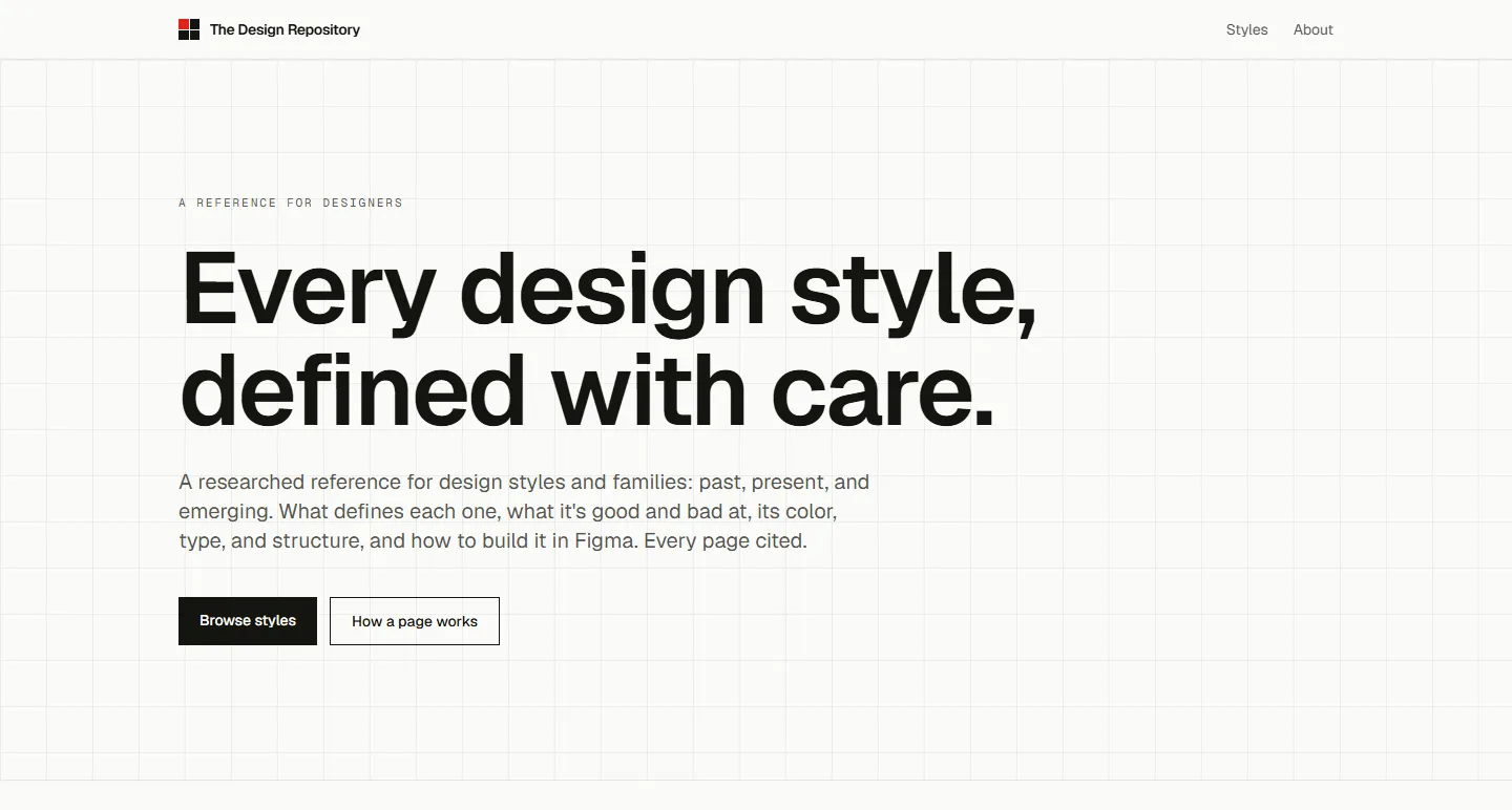 June 13 home: the headline Every design style, defined with care, over a faint grid, with Browse styles and How a page works buttons.