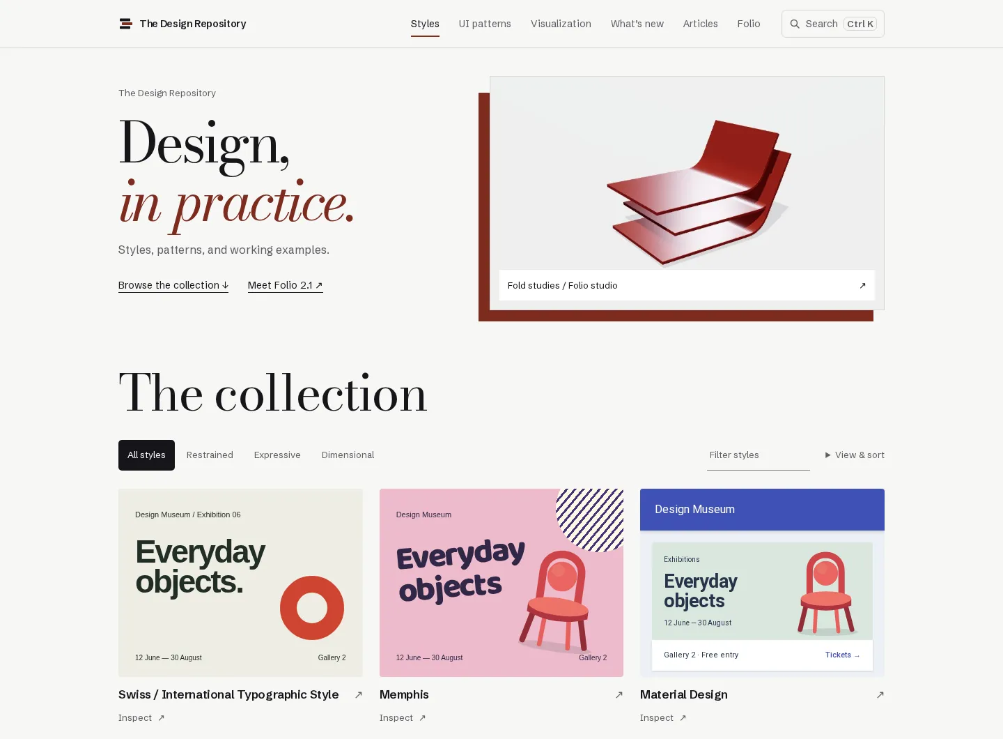 The Design Repository home: the headline Design, in practice, beside a rendered fold study, above style cards that each show the same museum poster in a different style