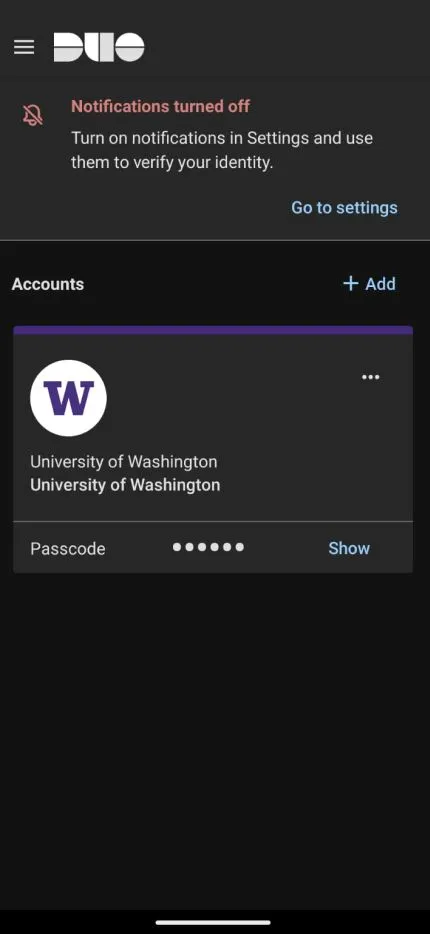 Duo home screen: a notifications-off notice, an Accounts heading with an Add button, and the University of Washington account card