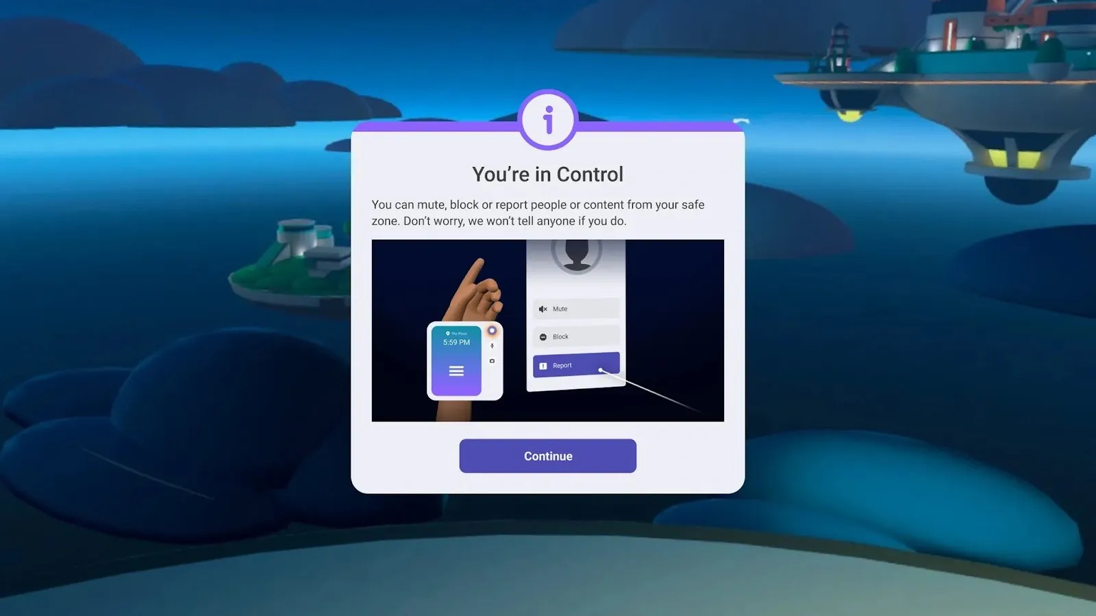 Horizon Worlds tutorial panel titled You’re in Control, explaining mute, block, and report, over a blue island scene