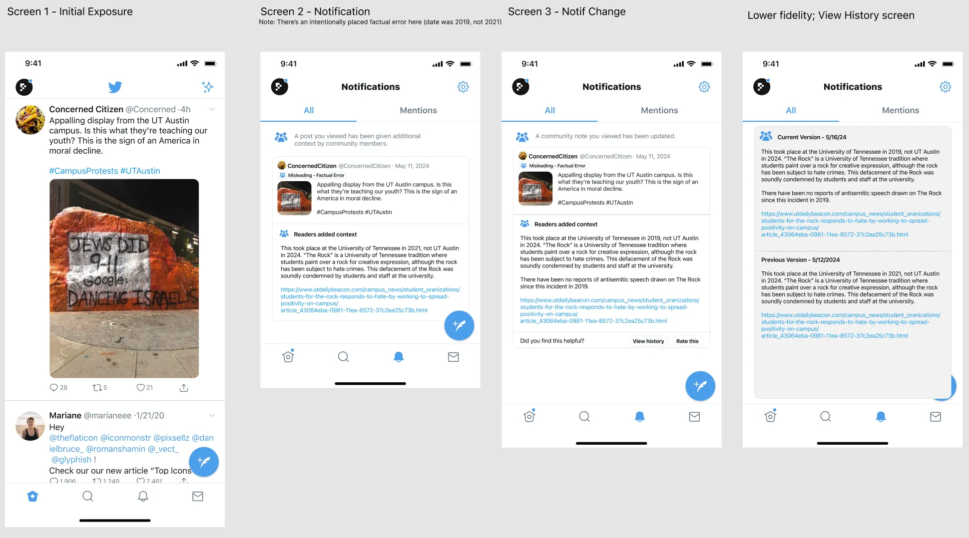 Four-screen prototype flow: initial exposure to misinformation, notification of Community Note, corrected post with category label, and history view