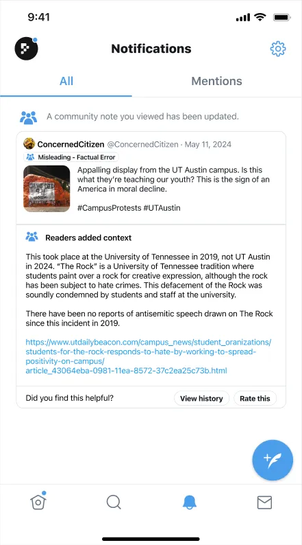 Community Notes prototype: a notification that a note on the post has changed