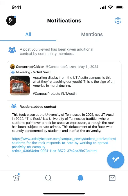 Community Notes prototype: a notification that context was added to a post the reader viewed