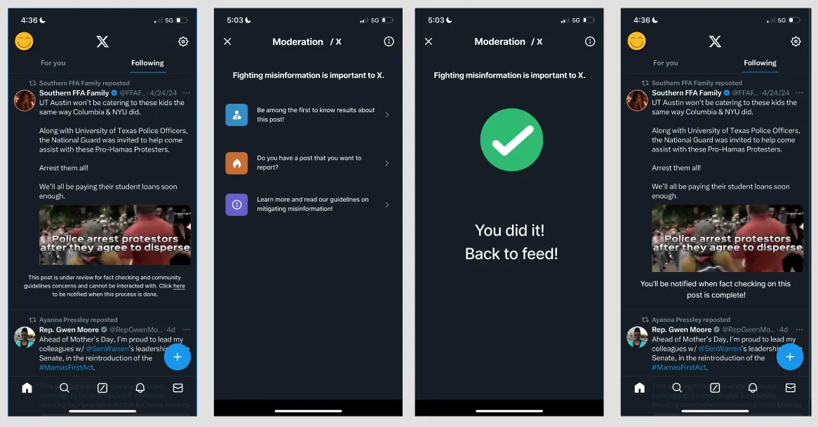 Four-screen prototype: post flagged in feed, quarantine interstitial explaining review process, review complete confirmation, and post returned to feed