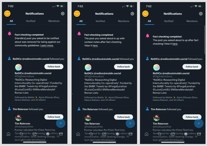 Three notification screens showing possible quarantine outcomes: post removed, context added, or post cleared