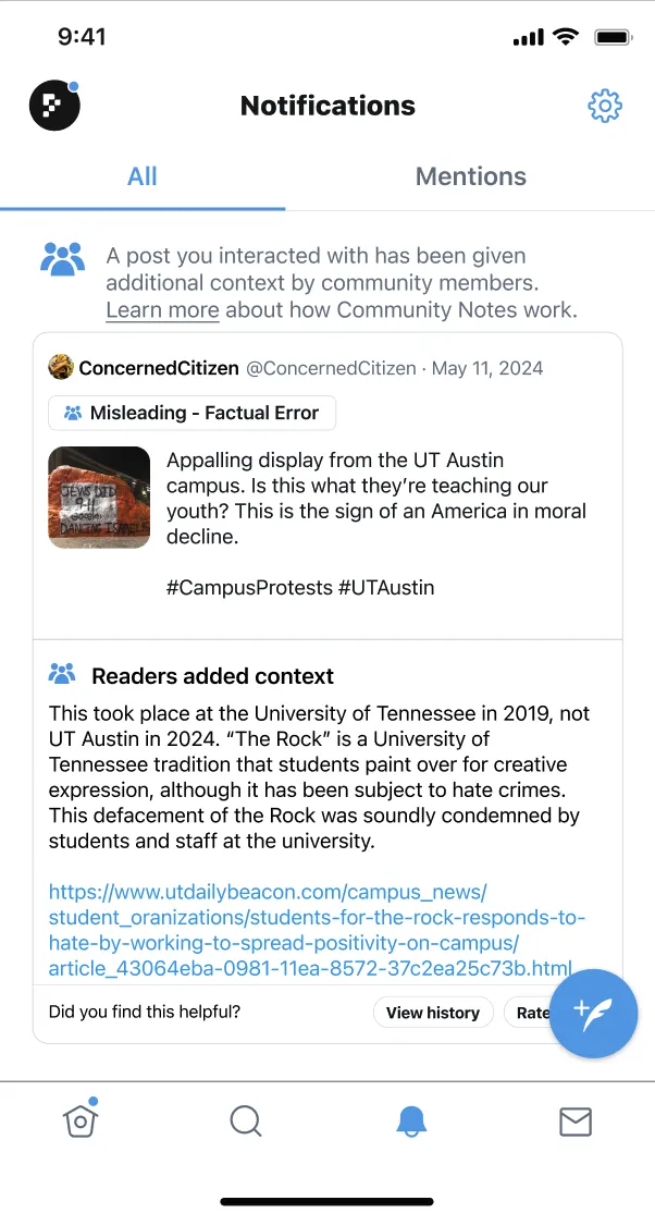 Revised notification screen showing 'A post you interacted with has been given additional context' with a link to learn about Community Notes