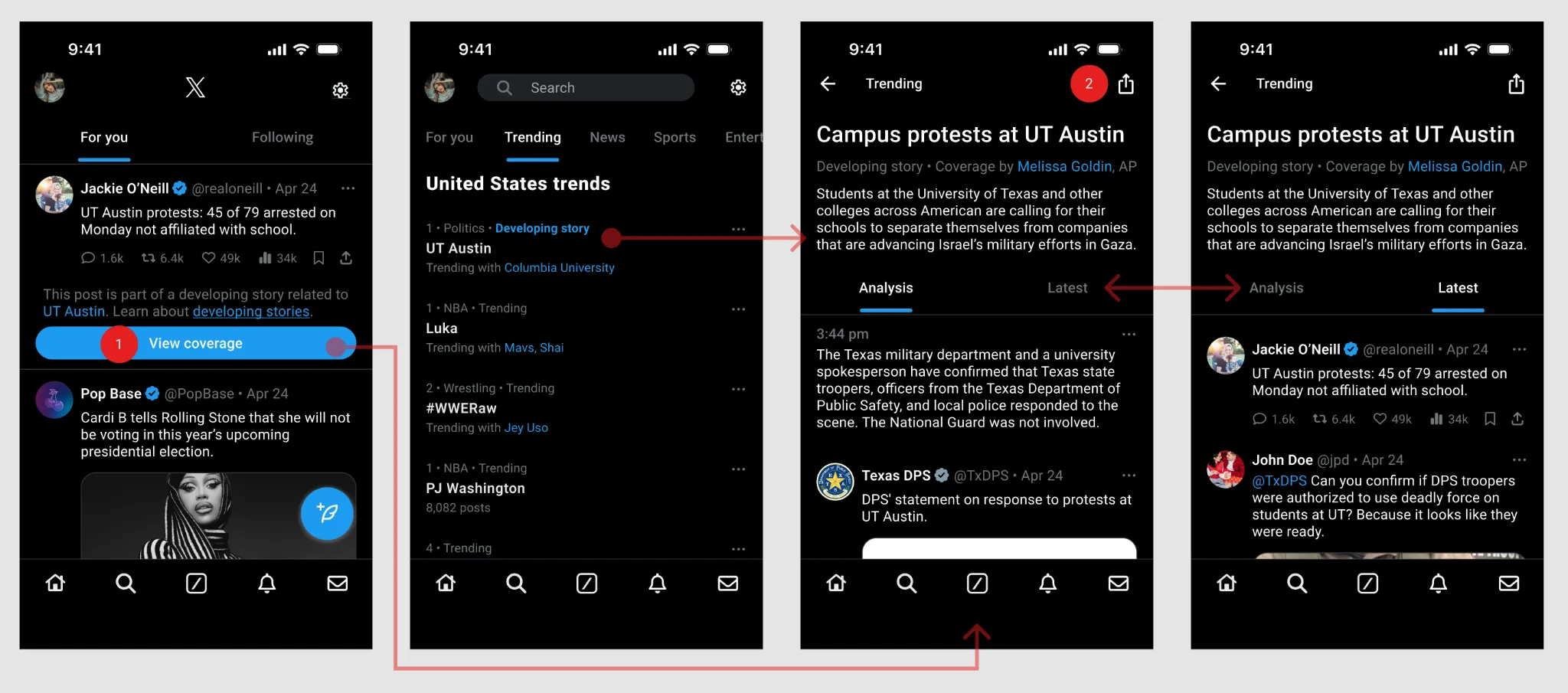 Revised Story Tracker screens with clarified entry-point language and added Share button for sending curated stories to others