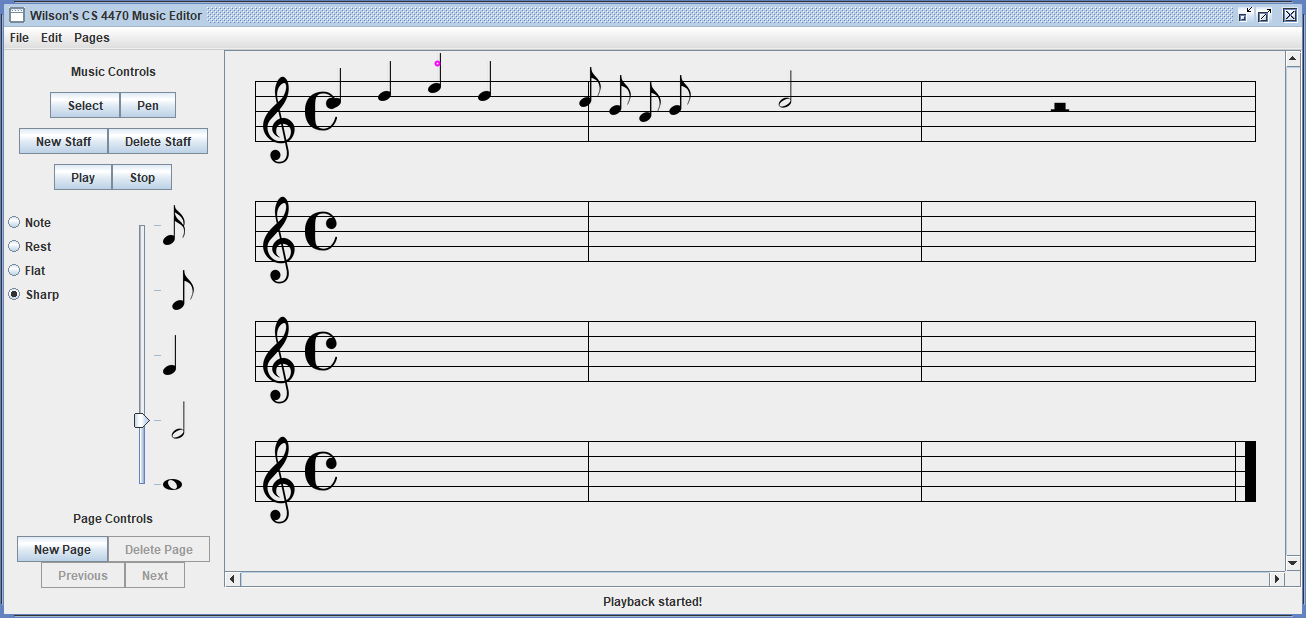 Playback: a small ball bounces above the notes in time with the music, starting from the first quarter note.