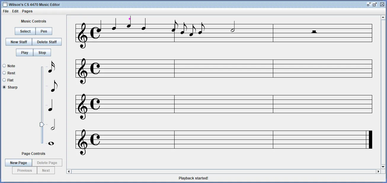 The music editor during playback: notes on a treble staff with a small ball bouncing above the current note