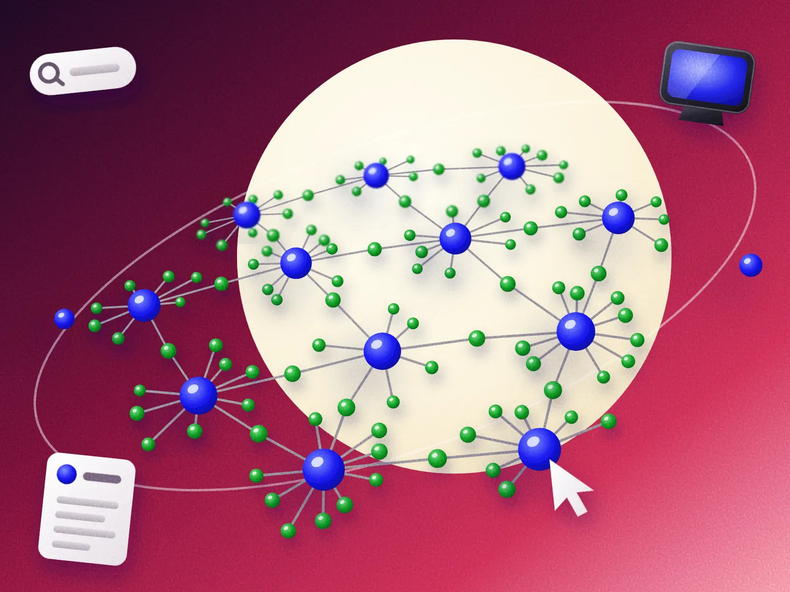 Drawing: a network of glossy blue show spheres, each ringed by small green cast spheres and joined through shared cast, with a search field, a TV, a details card, and a cursor