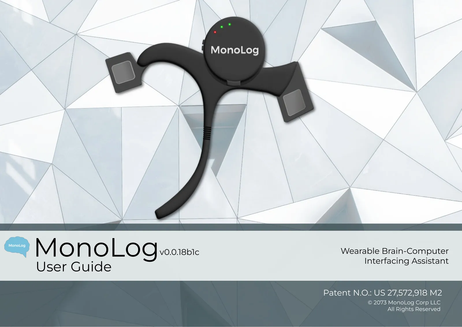 Cover of the MonoLog User Guide, a wearable brain-computer interfacing assistant, copyright 2073