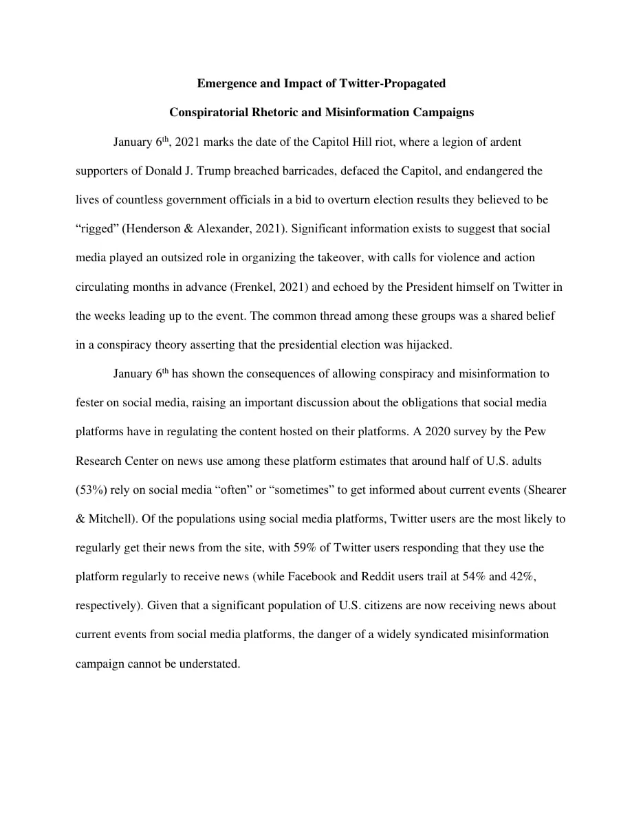 Opening page of the term paper Emergence and Impact of Twitter-Propagated Conspiratorial Rhetoric and Misinformation Campaigns