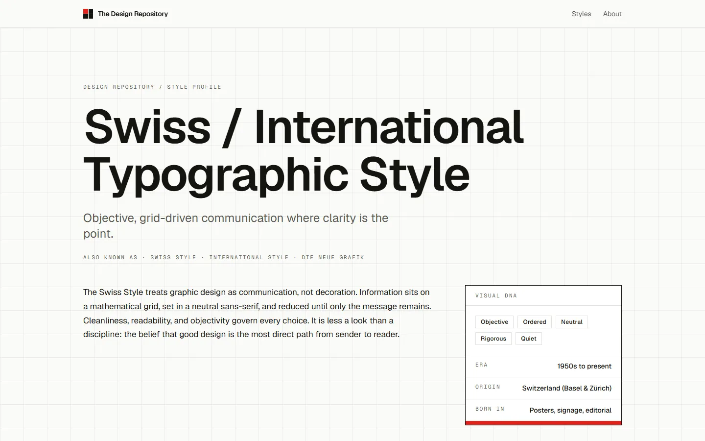 The Swiss Style page on June 13: a large grotesk title over a faint grid, letter-spaced eyebrow labels, and a Visual DNA card listing era, origin, and mood tags.