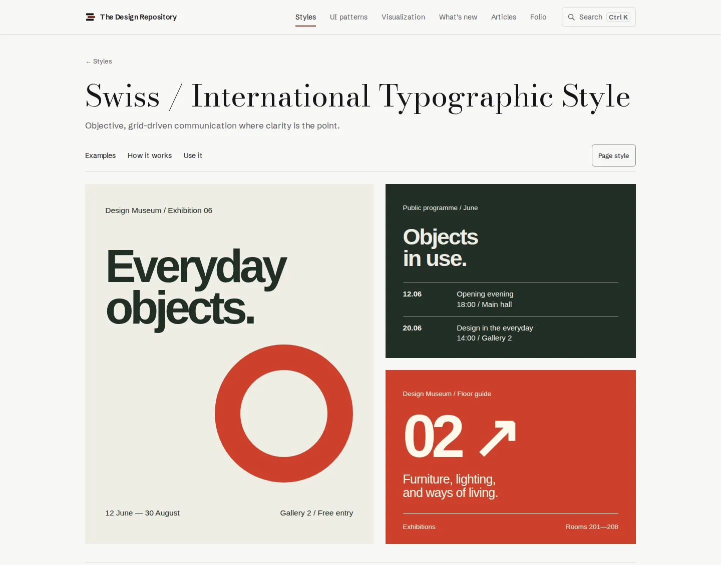 The same Swiss Style page on October 4: a Bodoni title, three tabs, and full-width authored specimens in the style itself.