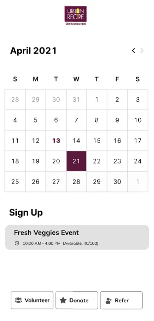 Urban Recipe prototype, Sign Up: an April 2021 calendar with the 21st selected and the Fresh Veggies Event slot, 40 of 100 places available
