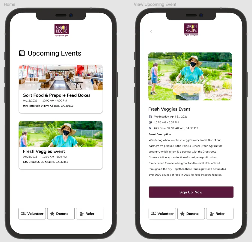 Two screens: a list of upcoming events with photos, and a Fresh Veggies Event detail page with a Sign Up Now button