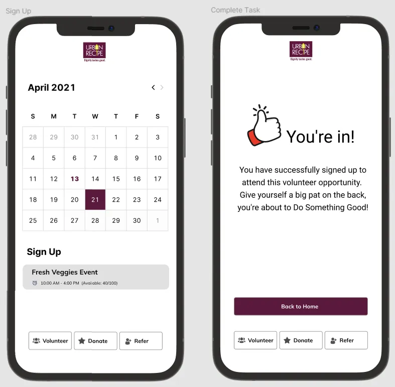 Two Figma phone screens: an April 2021 calendar with a Fresh Veggies Event sign-up, and a You're in confirmation